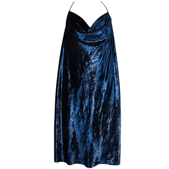 Halston Heritage Blue Velvet Metallic Shimmer Cowl Neck Strappy Back Dress 4 - Picture 7 of 16